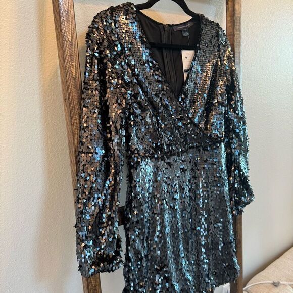 NWT French Connection Bisma Sequin Dress 4 Gunmetal Silver Wrap Holiday NYE - Picture 6 of 9